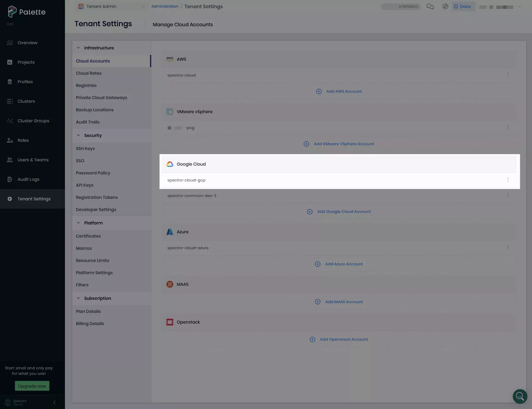 GCP account name in Palette