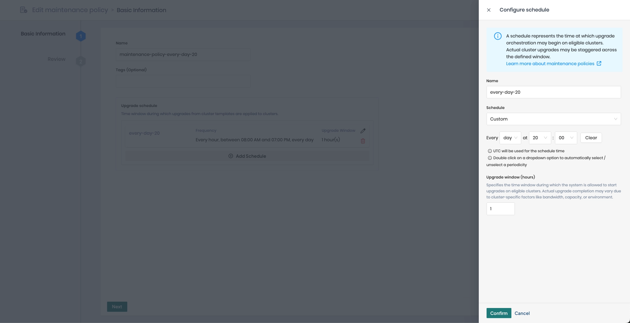 Configuring a schedule for a maintenance policy