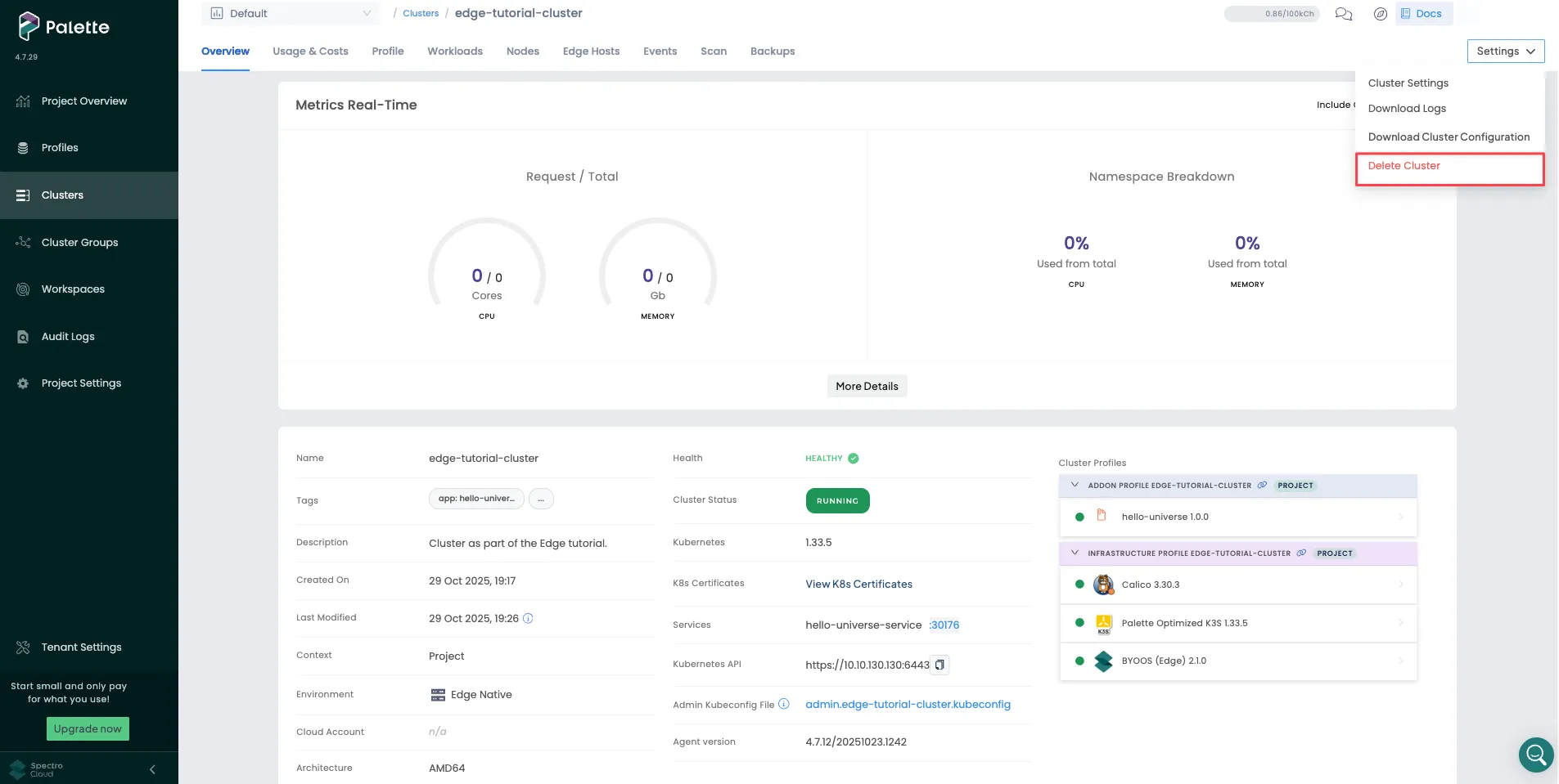 Screenshot of deleting a cluster.